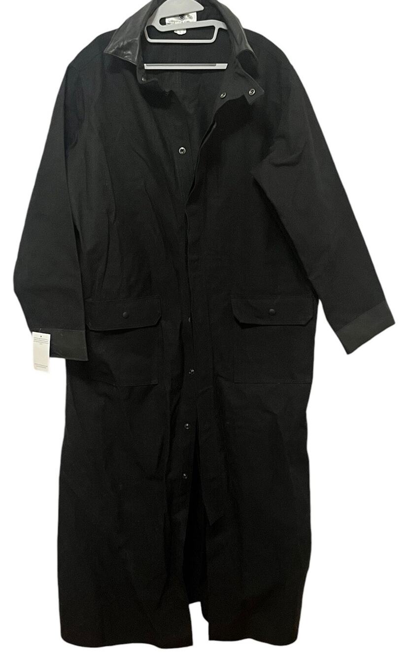 NWT Cattle Kate Storm Shooter Canvas Coat•Men L•Black Leather Trim Long Western